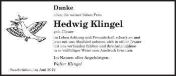 Todesanzeige von Hedwig Klingel von SAARBRÜCKER ZEITUNG