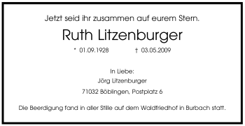 Todesanzeige von Ruth Litzenburger von SAARBRÜCKER ZEITUNG