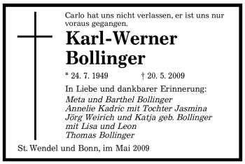Todesanzeige von Karl-Werner Bollinger von SAARBRÜCKER ZEITUNG