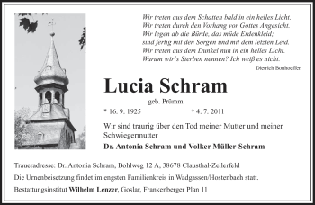 Todesanzeige von Lucia Schram von SAARBRÜCKER ZEITUNG