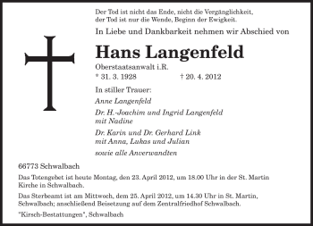 Todesanzeige von Hans Langenfeld von SAARBRÜCKER ZEITUNG