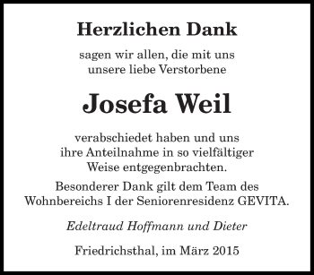 Todesanzeige von Josefa Weil von saarbruecker_zeitung