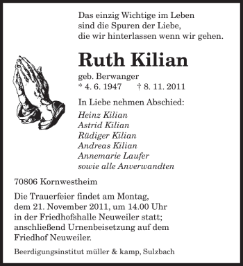 Todesanzeige von Ruth Kilian von SAARBRÜCKER ZEITUNG