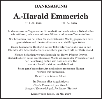 Todesanzeige von A.-Harald Emmerich von SAARBRÜCKER ZEITUNG