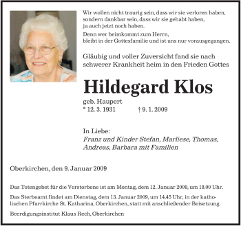 Todesanzeige von Hildegard Klos von SAARBRÜCKER ZEITUNG