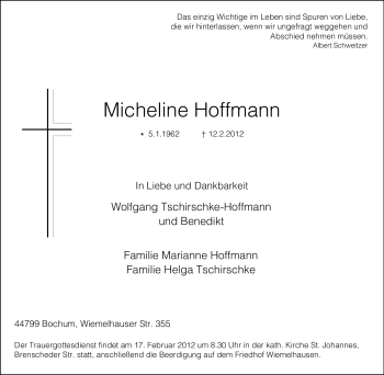 Todesanzeige von Micheline Hoffmann 