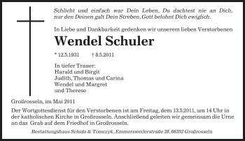 Todesanzeige von Wendel Schuler von SAARBRÜCKER ZEITUNG
