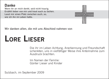 Todesanzeige von Lore Leiser von SAARBRÜCKER ZEITUNG