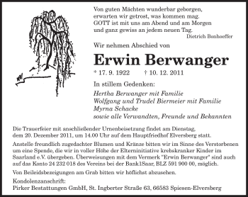 Todesanzeige von Erwin Berwanger von SAARBRÜCKER ZEITUNG