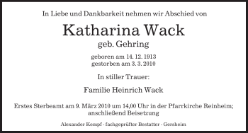 Todesanzeige von Katharina Wack von SAARBRÜCKER ZEITUNG