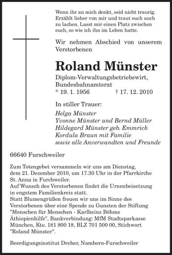 Todesanzeige von Roland Münster von SAARBRÜCKER ZEITUNG