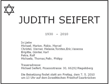 Todesanzeige von Judith Seifert von SAARBRÜCKER ZEITUNG
