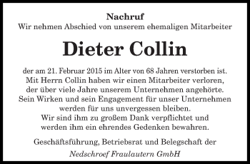 Todesanzeige von Dieter Collin von saarbruecker_zeitung