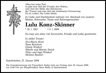Todesanzeige von Lulu Konz-Skinner von SAARBRÜCKER ZEITUNG