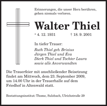 Todesanzeige von Walter Thiel von SAARBRÜCKER ZEITUNG
