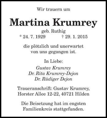 Todesanzeige von Martina Krumrey von saarbruecker_zeitung
