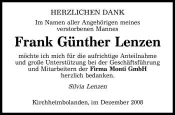 Todesanzeige von Frank Günther Lenzen von SAARBRÜCKER ZEITUNG