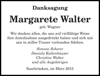 Todesanzeige von Margarete Walter von saarbruecker_zeitung