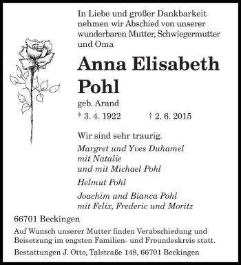 Todesanzeige von Anna Elisabeth Pohl von saarbruecker_zeitung