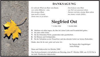 Todesanzeige von Siegfried Ost von SAARBRÜCKER ZEITUNG