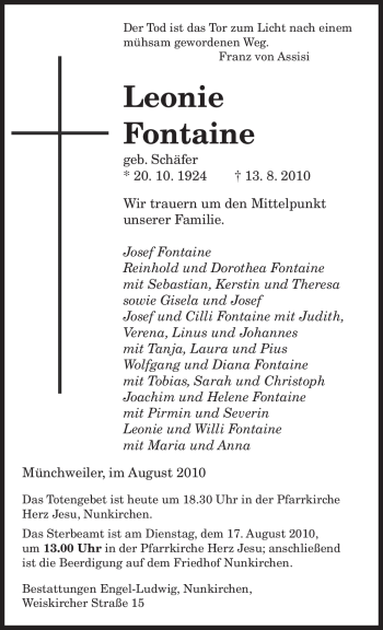 Todesanzeige von Leonie Fontaine von SAARBRÜCKER ZEITUNG