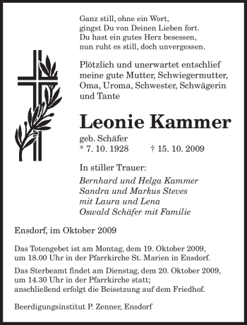 Todesanzeige von Leonie Kammer von SAARBRÜCKER ZEITUNG
