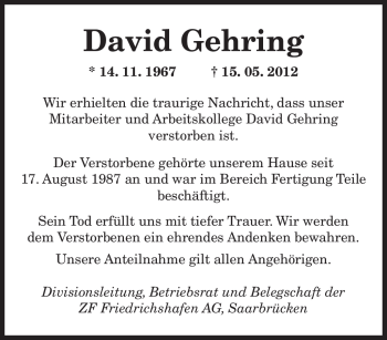 Todesanzeige von David Gehring von SAARBRÜCKER ZEITUNG