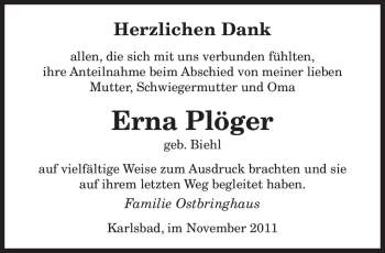 Todesanzeige von Erna Plöger von SAARBRÜCKER ZEITUNG