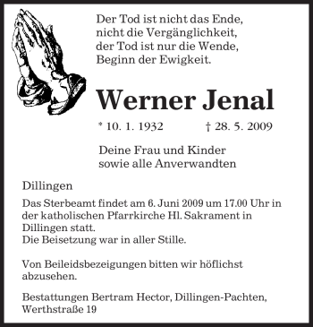 Todesanzeige von Werner Jenal von SAARBRÜCKER ZEITUNG
