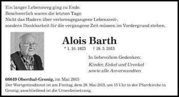 Todesanzeige von Alois Barth von saarbruecker_zeitung