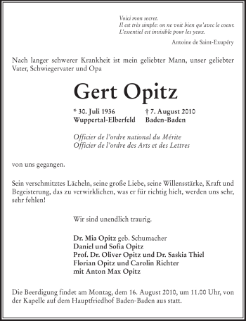 Todesanzeige von Gert Opitz von SAARBRÜCKER ZEITUNG
