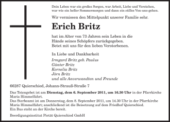 Todesanzeige von Erich Britz von SAARBRÜCKER ZEITUNG