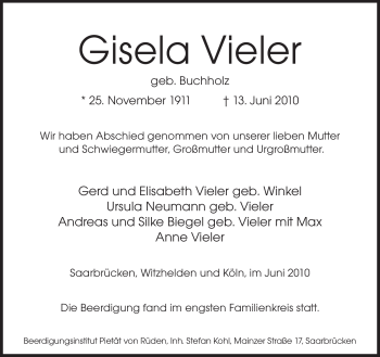 Todesanzeige von Gisela Vieler von SAARBRÜCKER ZEITUNG