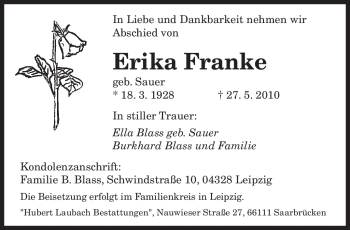 Todesanzeige von Erika Franke von SAARBRÜCKER ZEITUNG