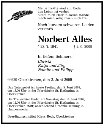 Todesanzeige von Norbert Alles von SAARBRÜCKER ZEITUNG