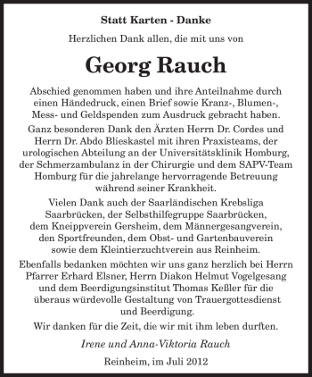 Todesanzeige von Georg Rauch von SAARBRÜCKER ZEITUNG
