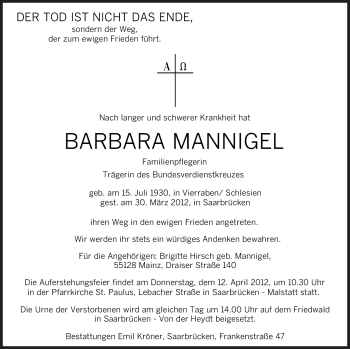 Todesanzeige von Barbara Mannigel von SAARBRÜCKER ZEITUNG