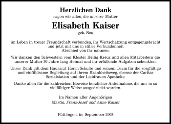 Todesanzeige von Elisabeth Kaiser von SAARBRÜCKER ZEITUNG