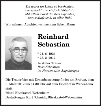 Todesanzeige von Reinhard Sebastian von SAARBRÜCKER ZEITUNG
