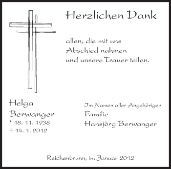 Todesanzeige von Helga Berwanger von SAARBRÜCKER ZEITUNG