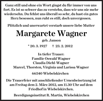 Todesanzeige von Margarete Wagner von SAARBRÜCKER ZEITUNG