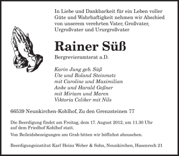 Todesanzeige von Rainer Süß von SAARBRÜCKER ZEITUNG