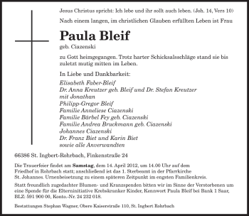 Todesanzeige von Paula Bleif von SAARBRÜCKER ZEITUNG