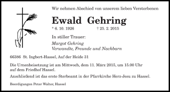 Todesanzeige von Ewald Gehring von saarbruecker_zeitung