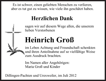 Todesanzeige von Heinrich Groß von SAARBRÜCKER ZEITUNG