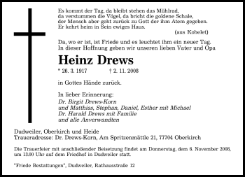 Todesanzeige von Heinz Drews von SAARBRÜCKER ZEITUNG