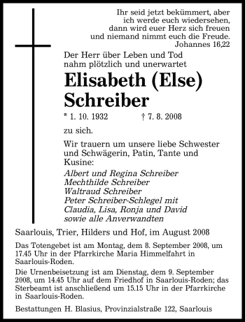 Todesanzeige von ELISABETH SCHREIBER von SAARBRÜCKER ZEITUNG
