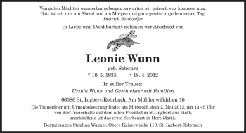 Todesanzeige von Leonie Wunn von SAARBRÜCKER ZEITUNG