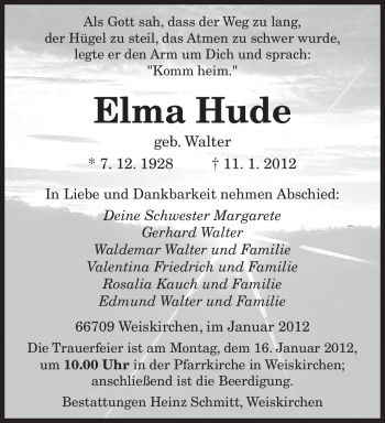 Todesanzeige von Elma Hude von SAARBRÜCKER ZEITUNG