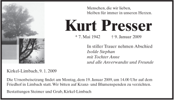 Todesanzeige von Kurt Presser von SAARBRÜCKER ZEITUNG